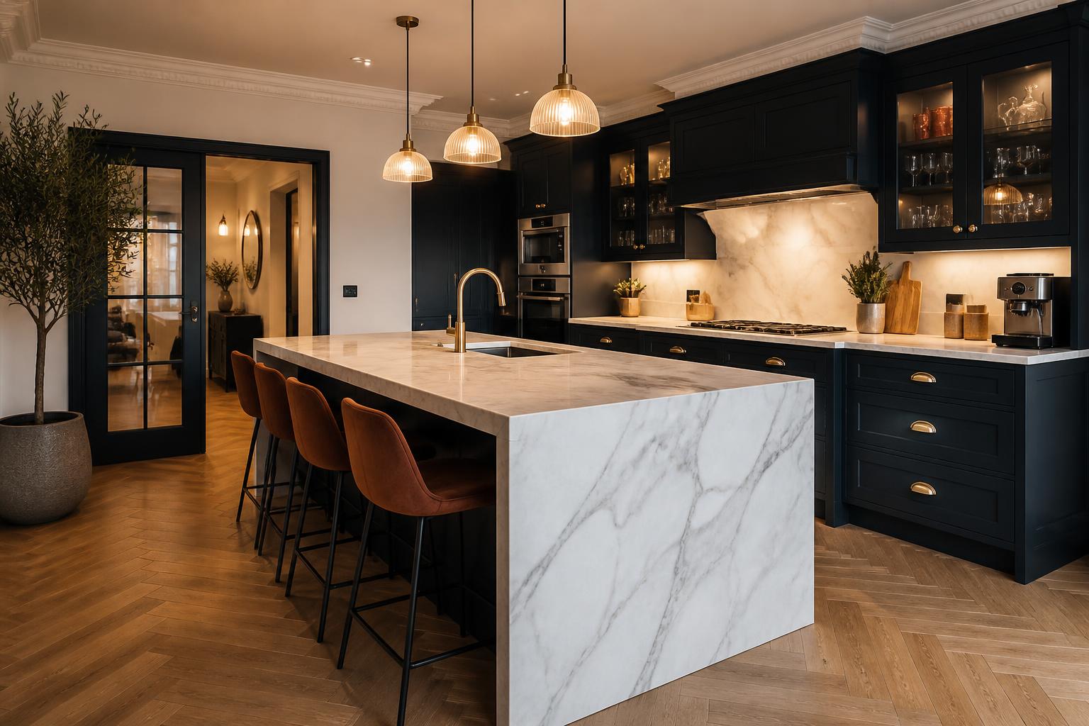 Contemporary fitted kitchen with navy shaker cabinets, marble island and brass tap installed in Berkshire