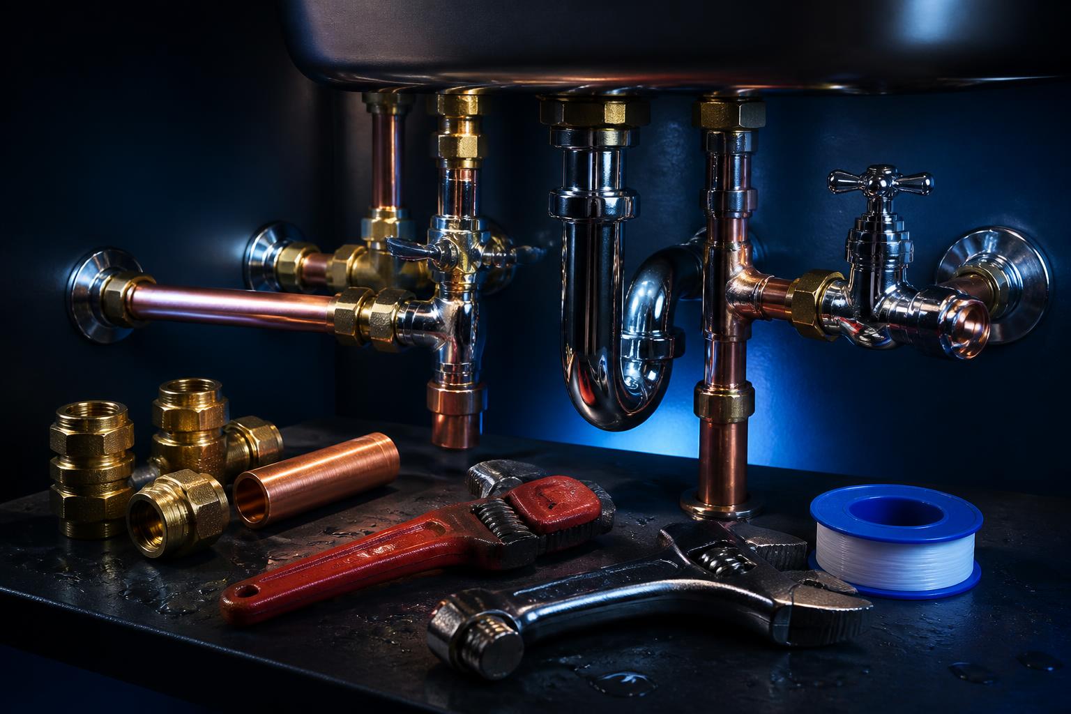 Copper and chrome domestic plumbing pipework with professional plumbing tools